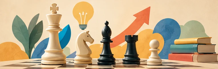 Illustration originale et colorée : pièces d’échecs, livres et ampoule symbolisant la découverte du jeu.