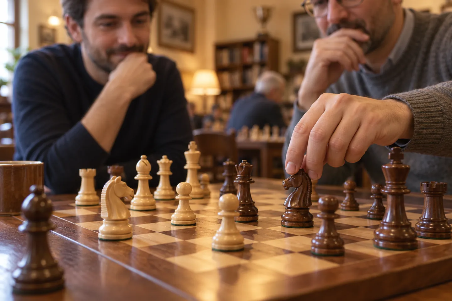 Deux joueurs étudient ensemble un échiquier